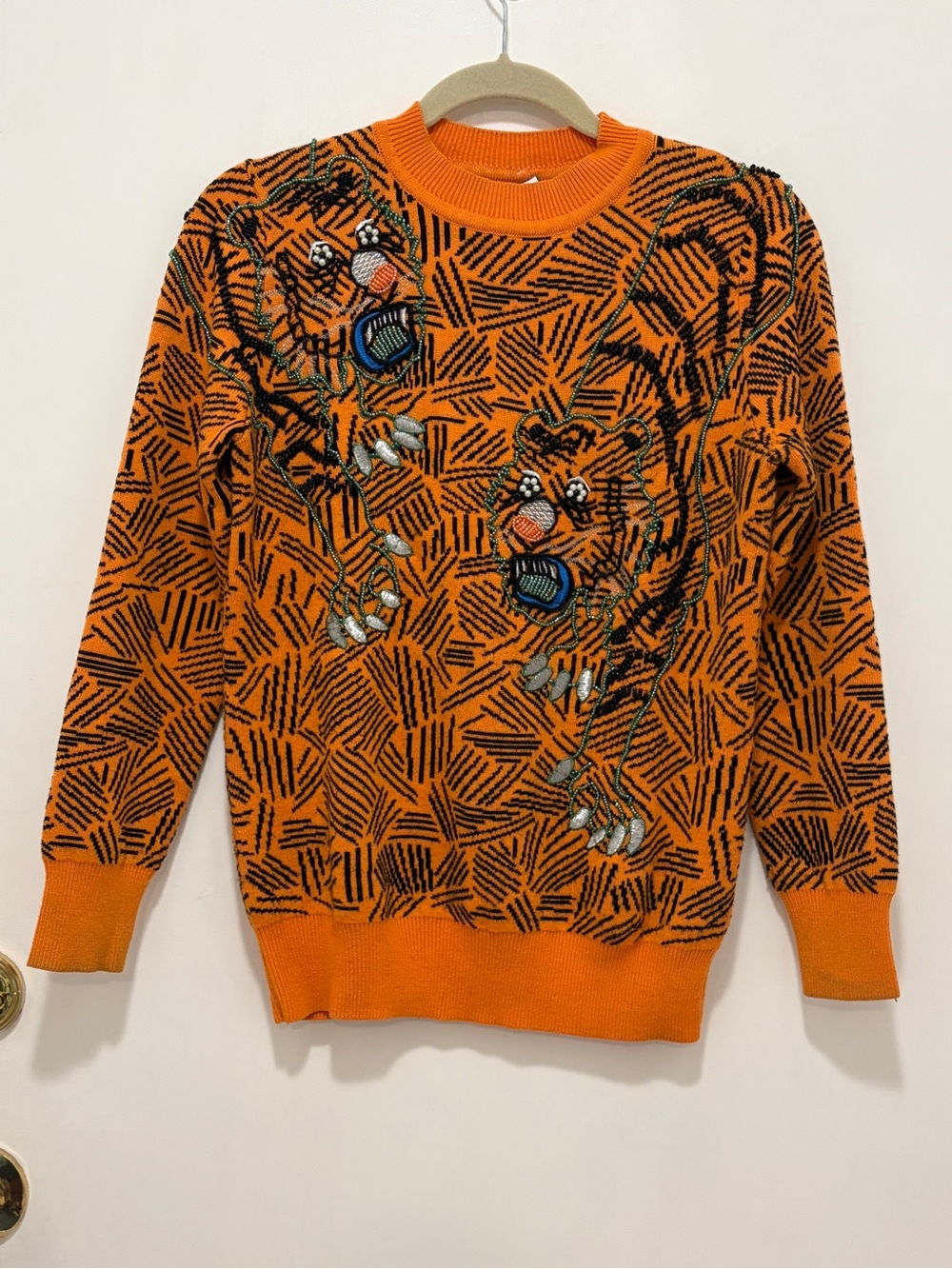 Kenzo Vibrant Orange Embroidered Tiger Motif Women's Sweater
